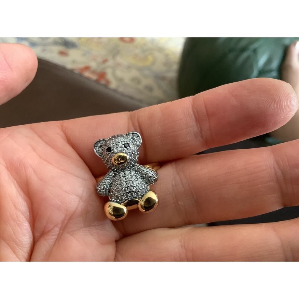 Teddy Bear Gold Ring Sz 6 Silver Pave Boho Retro Whimsical Statement - Picture 8 of 9